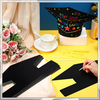 Qilery Graduation Paper Hat Craft Kit, 60 Set Black Scratch Grad Crowns, DIY Arts and Crafts for Kids Graduation Birthday Party Favor Classroom Activity
