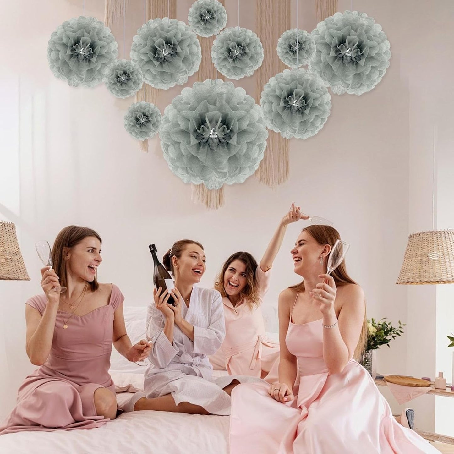 Tissue Paper Pom Poms, Pink Tissue Paper Flowers, Hanging Flower Balls for Weddings Fiesta Parties Birthday Baby Showers Classroom Bridal Shower Decoration (18Piece Set-6/10/12/14Inch)