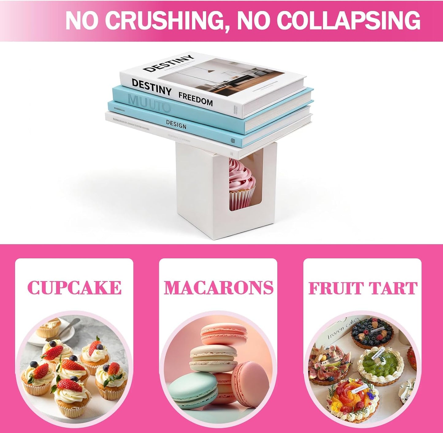 100 Pack Pink Cupcake Boxes Individual with Window, Inserts and Handle, Single Cupcake Containers for Cupcakes, Muffins, Donuts, Cookies, 3.6 x 3.6 x 4.3 Inch