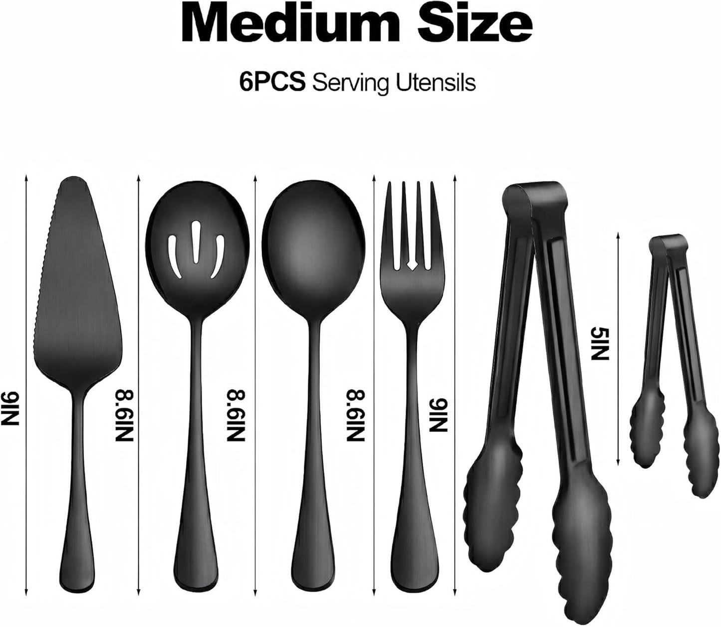 Serving Utensils, XEVOM 6-Piece Stainless Steel Serving Utensil Set Include Serving Spoon, Slotted Serving Spoon, Serving Fork,Serving Tong, Appetizers Tong,Pie Server (Silver), Regular