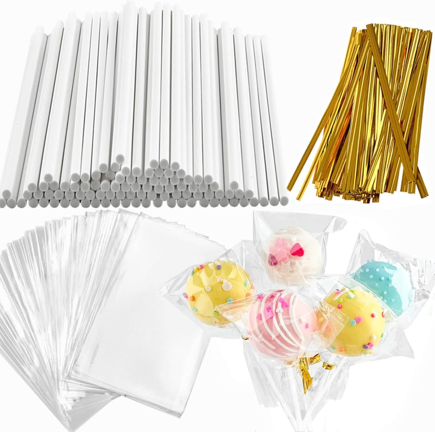 360 PCS Cake Pop Sticks and Wrappers Ties Kit, Including 120ct 6-inch Paper Lollipop Sticks, 120ct Cake Pop Parcel Bags, 100ct Silver Twist Ties for Candy Making Packaging Supplies