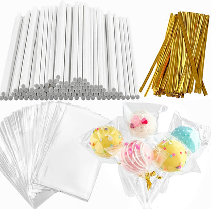 360 PCS Cake Pop Sticks and Wrappers Ties Kit, Including 120ct 6-inch Paper Lollipop Sticks, 120ct Cake Pop Parcel Bags, 100ct Silver Twist Ties for Candy Making Packaging Supplies