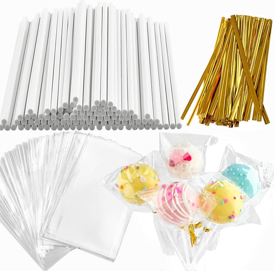 360 PCS Cake Pop Sticks and Wrappers Ties Kit, Including 120ct 6-inch Paper Lollipop Sticks, 120ct Cake Pop Parcel Bags, 100ct Silver Twist Ties for Candy Making Packaging Supplies