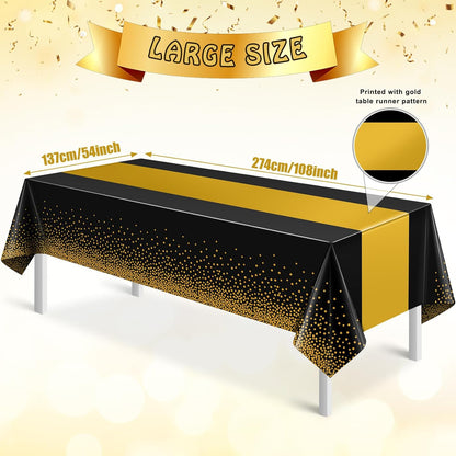 MASHAN 3Pcs Black and Red Tablecloth Party Decorations,Plastic Black Table Cloth Printed Red Table Runner Disposable Rectangle Cover for Birthday Weeding Anniversary Graduation Party,54 x108 Inch
