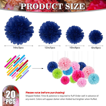 Tissue Paper Pom Poms, Pink Tissue Paper Flowers, Hanging Flower Balls for Weddings Fiesta Parties Birthday Baby Showers Classroom Bridal Shower Decoration (18Piece Set-6/10/12/14Inch)