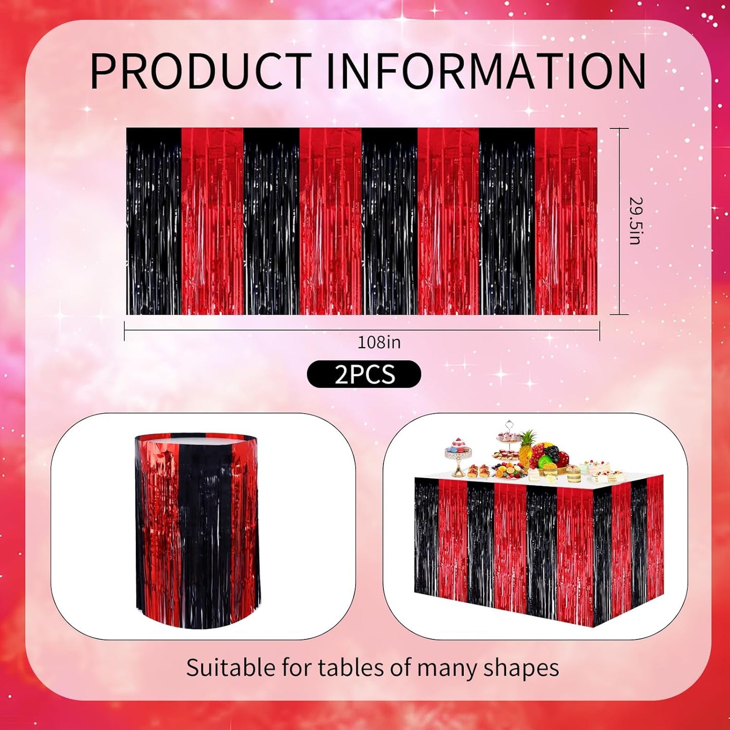 BEISHIDA 2 Pack Metallic Tinsel Foil Fringe Table Skirts for Rectangle & Round Tables Hot Pink Kids' Birthday, Holiday Cartoon Party Decorations for Birthday Valentines Baby Shower Festive Events