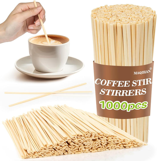 MAQIHAN 1000pcs Sip Stirrers - Bamboo Coffee Stir Sticks Disposable Hot Drink Beverage Stirring Swizzle Stir Sticks For Coffee, Milk, Juice, Cocktail, Chocolate, Suit For Party, Bar 5.5 Inch Square