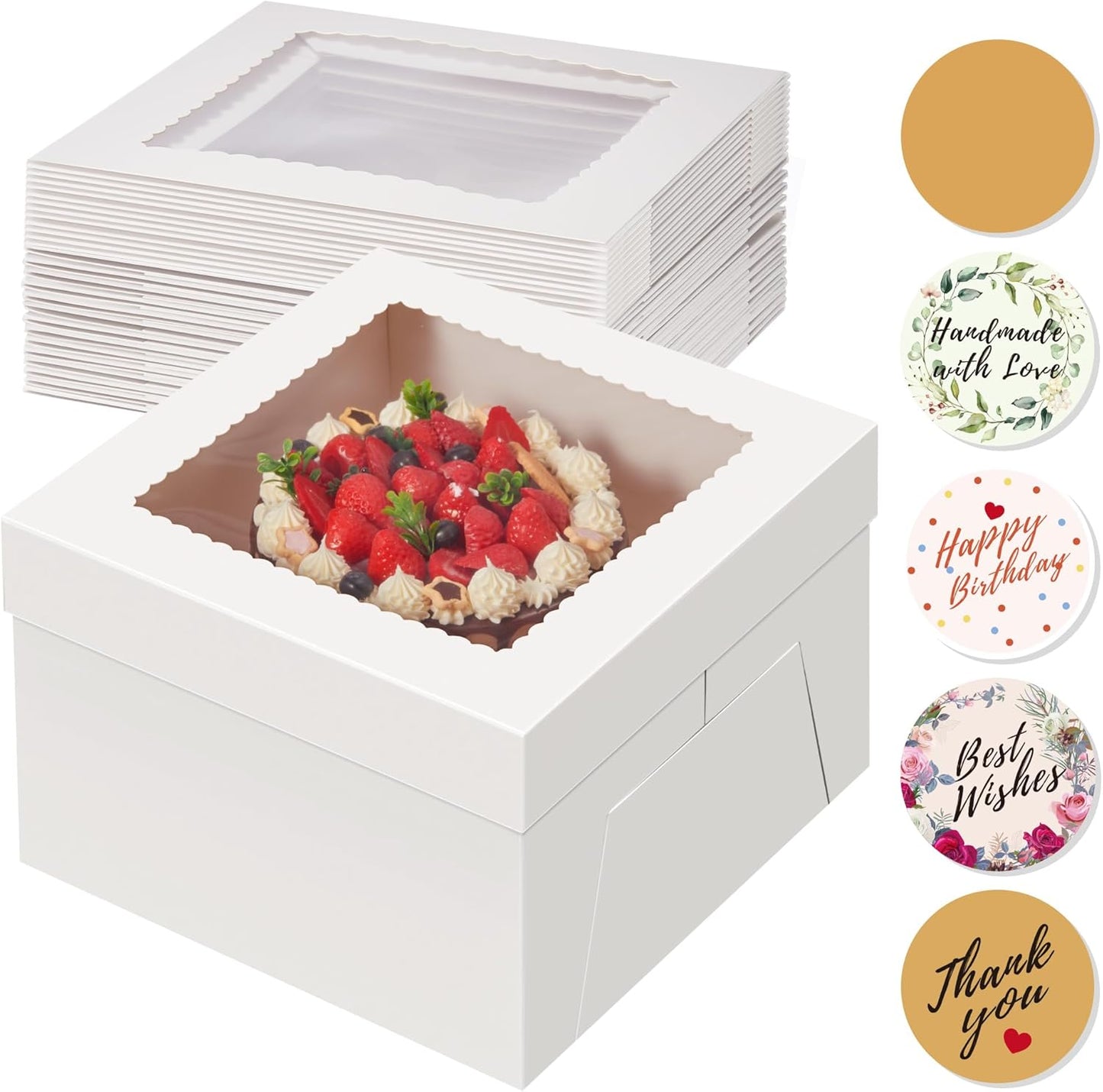 Kootek 15pcs Cake Boxes, 10x10x8 Inches Tall Cake Box with Window, White Bakery Boxes, Large Baking Boxes, Square Cardboard Cake Box for Multi-Layer Cakes, Cake Decorating Supplies for Gift Giving
