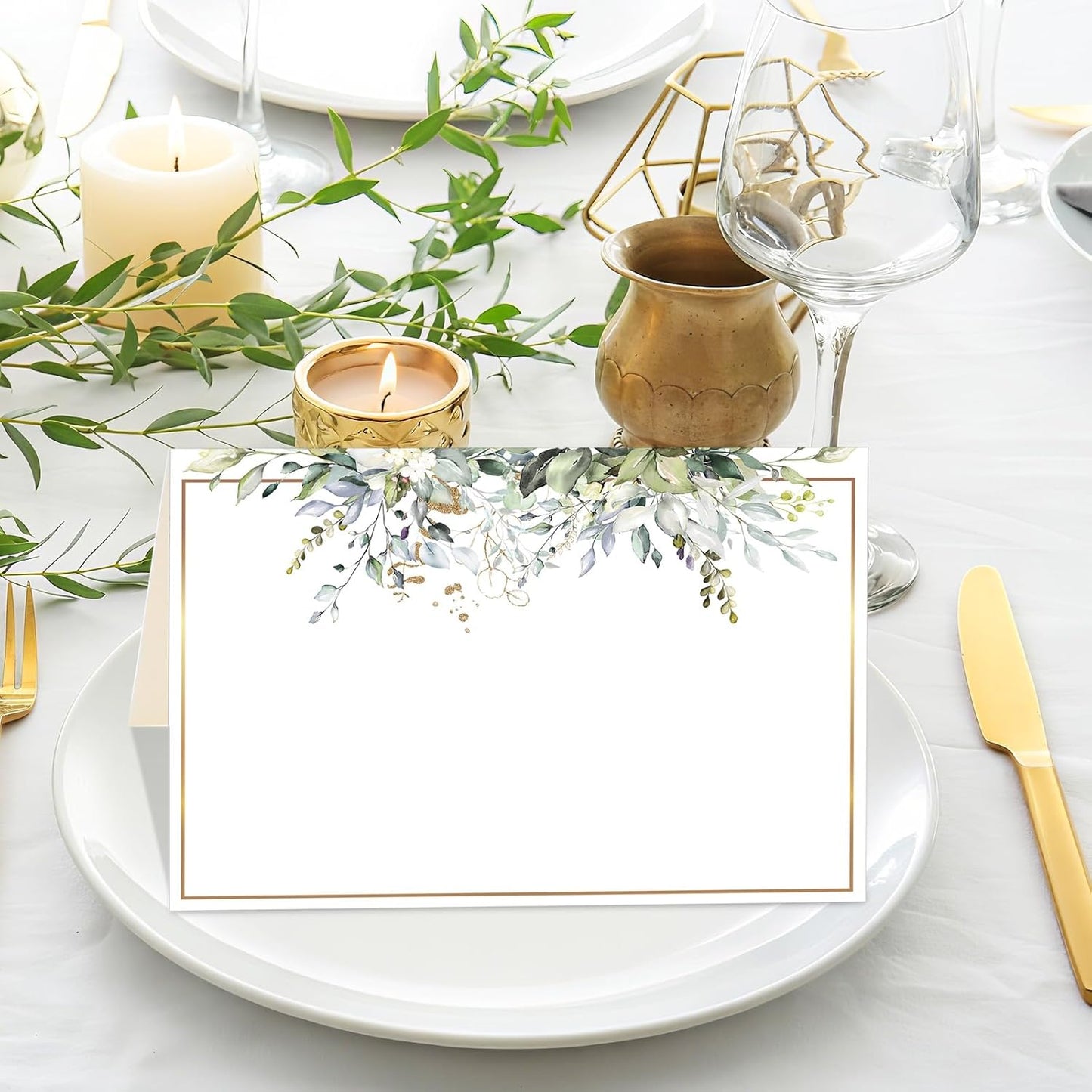 Honoson 48 Pcs Watercolor Greenery Place Cards for Table Setting 4.6 x 3 Inch Blank Fillable Seat Card Eucalyptus Tent Folding Name Card for Weddings, Parties, Banquets
