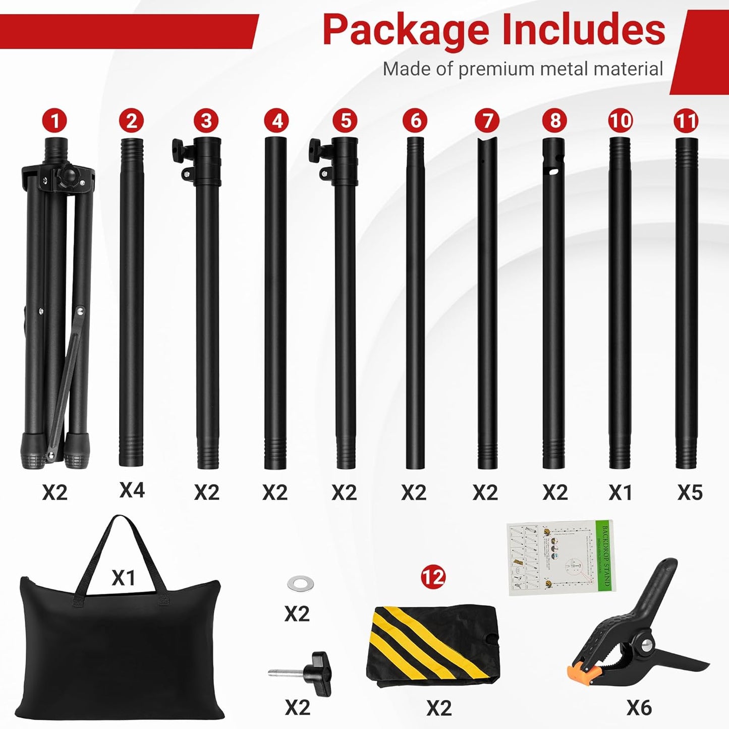 Backdrop Stand, Adjustable 10x7.5 FT Background Stand Backdrop for Parties, Photo Video Studio, Portable Photography Backdrop Stand with Carrying Bag, 6 Backdrop Clamps, and 2 Stand Bags