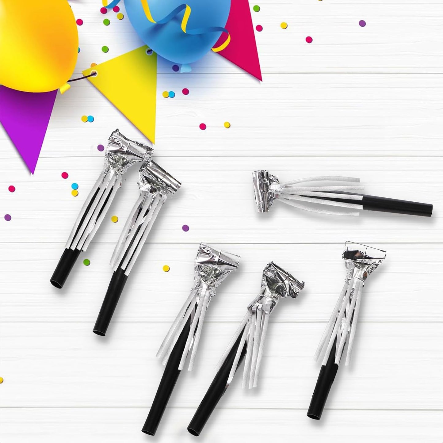 Eorbow 60 Packs Silver Noise Makers, Metallic Fringed Party Blowers, Horns Musical Blowouts Whistles for Birthday Party, Sporting Events, Graduation, Party Favor Supplies Adults