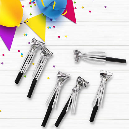 Eorbow 60 Packs Silver Noise Makers, Metallic Fringed Party Blowers, Horns Musical Blowouts Whistles for Birthday Party, Sporting Events, Graduation, Party Favor Supplies Adults
