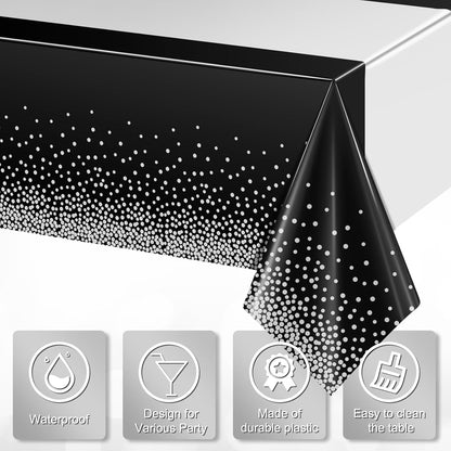 MASHAN 3Pcs Black and Red Tablecloth Party Decorations,Plastic Black Table Cloth Printed Red Table Runner Disposable Rectangle Cover for Birthday Weeding Anniversary Graduation Party,54 x108 Inch