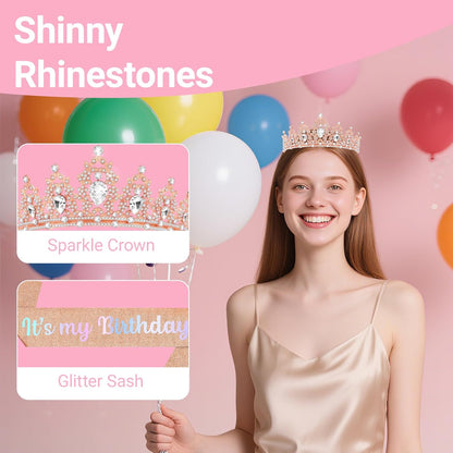 Birthday Tiara and Crown with Sash, Birthday Tiara for Women Party Silver