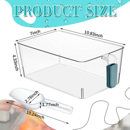 Havawish Ice Storage Bin and Flexible Scoop Set Plastic Freezer Bin with Pull Out Handle Storage Bucket Clear for Container with Scoop(Grey,10.83 x 4.92 x 4.33 in,Classic)
