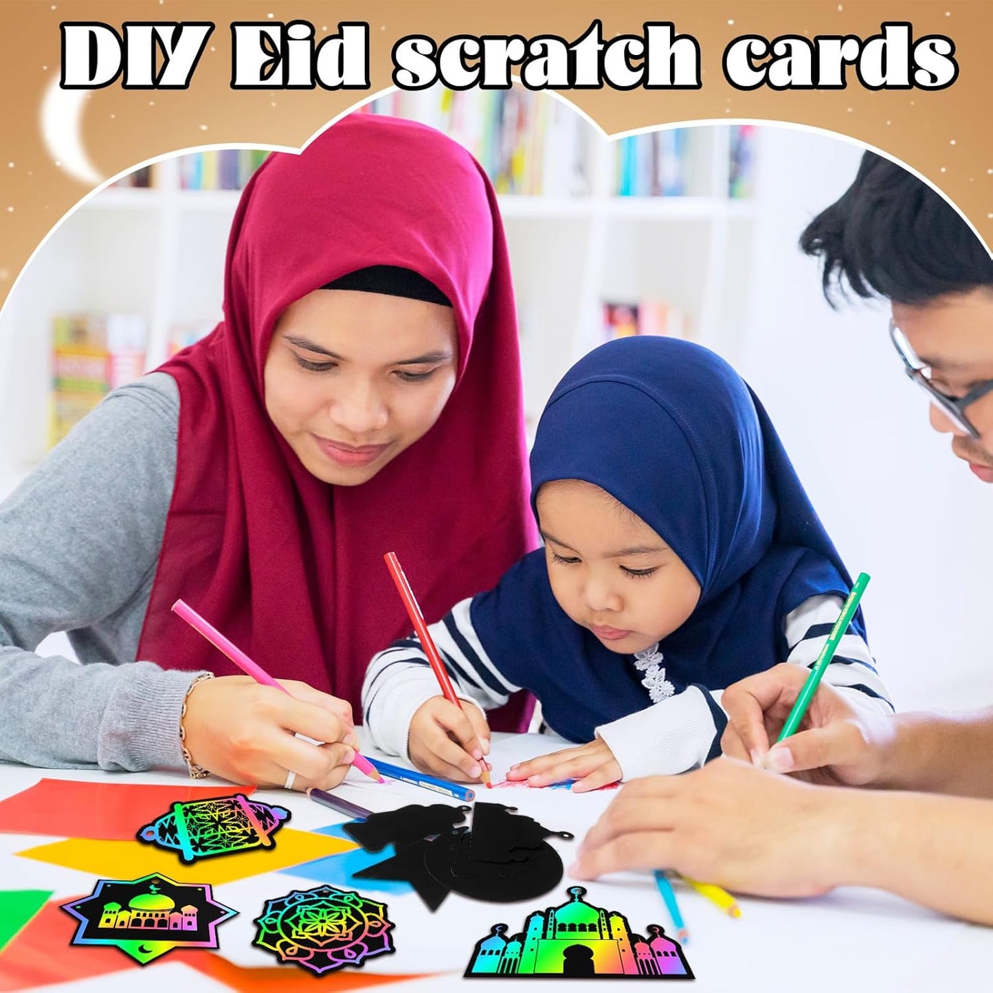 Deekin 120 Pcs Eid Scratch Paper Set Ramadan Crafts Scratch Cards Hanging Ramadan Gifts Eid Magical Party Activities DIY Art Painting Project Supplies