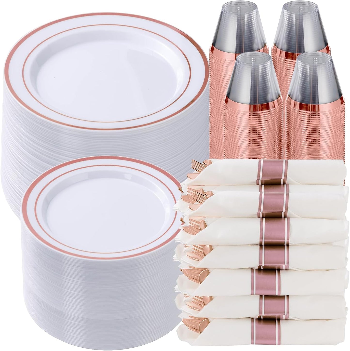 Goodluck 350 Piece Silver Plastic Dinnerware Set for 50 Guests, Fancy Disposable Plates for Party, Include: 50 Dinner Plates, 50 Dessert Plates, 50 Pre Rolled Napkins with Silver Silverware, 50 Cups