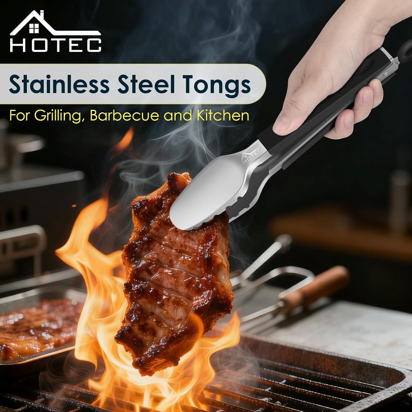 Hotec Stainless Steel Kitchen Tongs, Set of 2-9", Locking Metal Food Tongs for Cooking, Serving, BBQ, Grill Non-Slip Grip