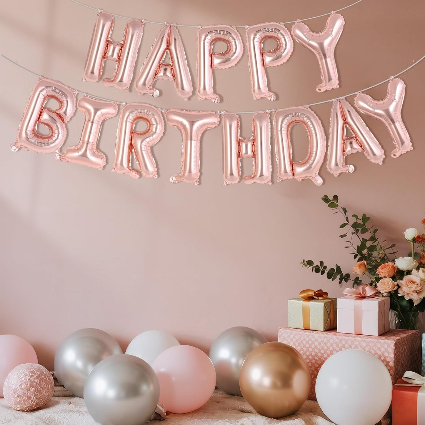 Happy Birthday Balloons Banner, Foil Balloon Personalized Name Letters Balloons Sign Birthday Party Decorations for Women Men Boys Girls Cream