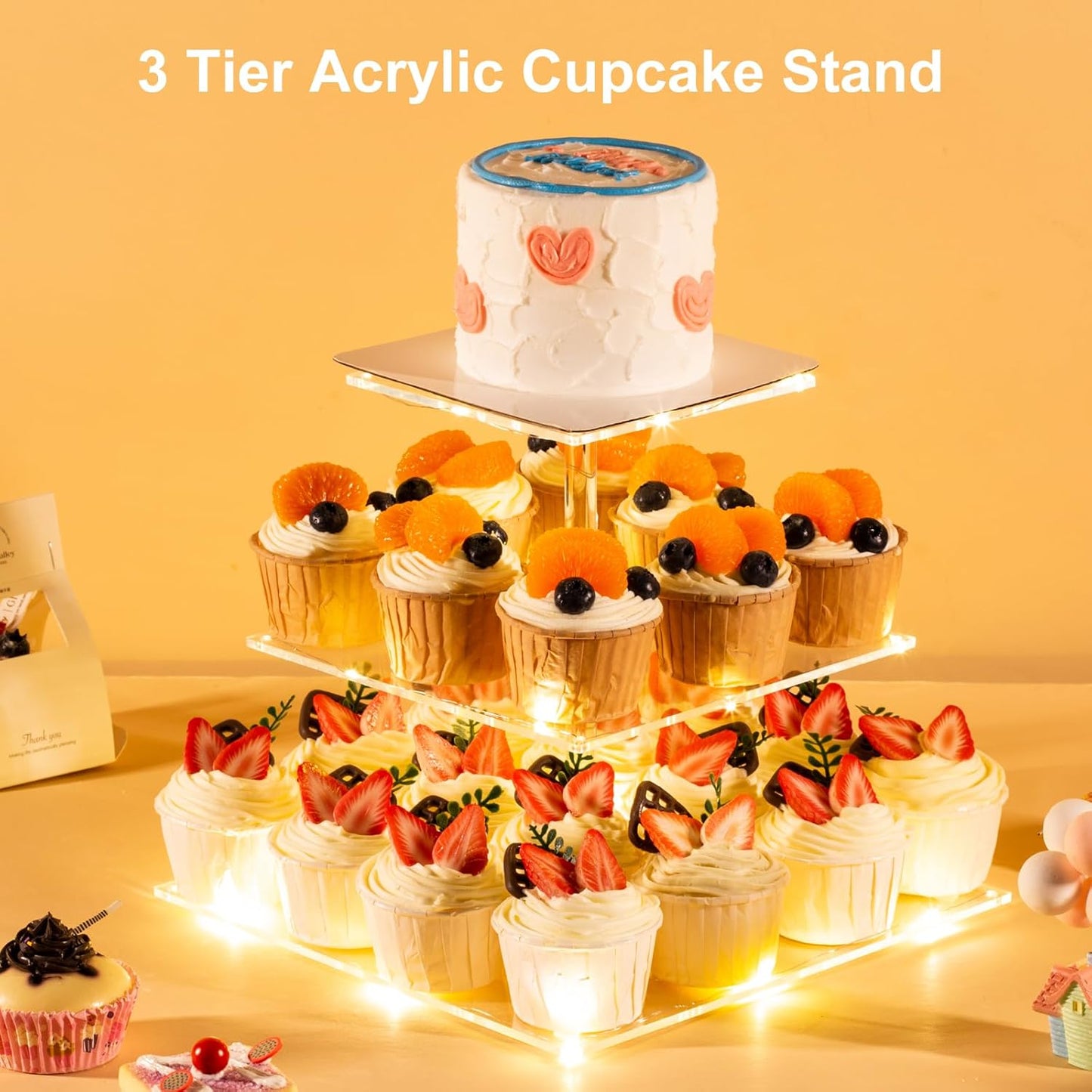 HENABLE 3 Tier Cupcake Stand Cupcake Holder, Acrylic Cupcake Tower with LED Yellow Light for 24 Cupcakes, Dessert Table Display Set for Birthday, Bar, Decor Weddings, Parties Events