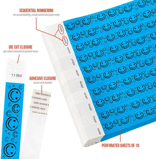 500 WristCo Yellow Smiley Face Tyvek Wristbands for Events - ¾” x 10” - Waterproof Recyclable Comfortable Tear Resistant Paper Bracelets Wrist Bands for Concerts Festivals Admission Party