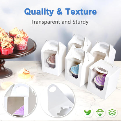 Cupcake Boxes 50 pcs, Individual Cupcake Containers Brown with Window Insert and Handle, Pastry Box Single Muffins Holder Disposable for Bakery Wrapping Party Favor Packaging