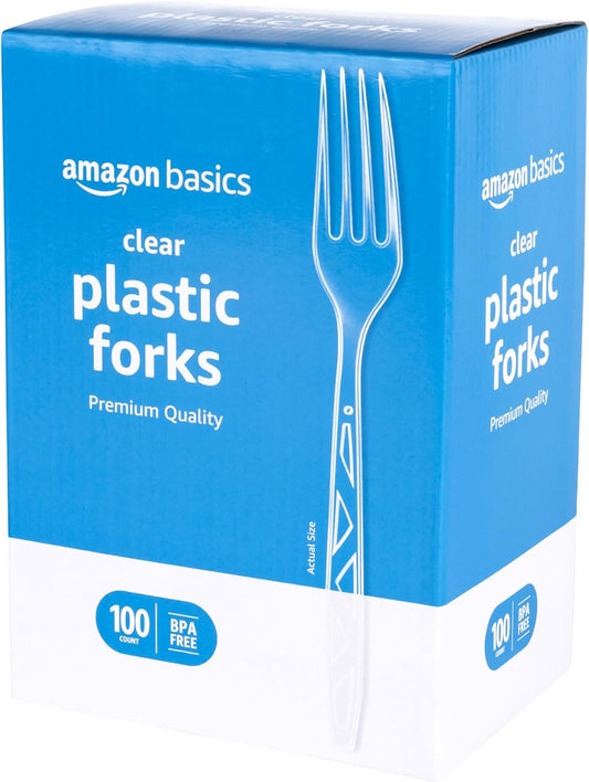 Amazon Basics Disposable Clear Plastic Forks, Premium Quality, BPA-Free, for Everyday Use, Party Supply, Events, 100 Count
