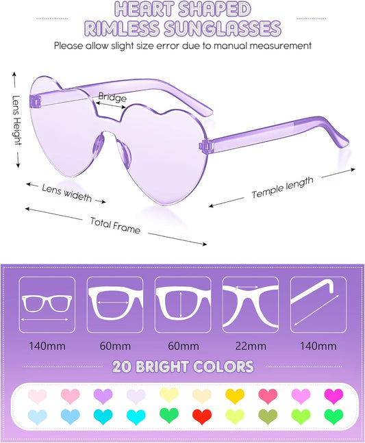 Frienda 20 Pairs Heart Shaped Sunglasses Rimless Candy Color Glasses for Women Men Party Favor