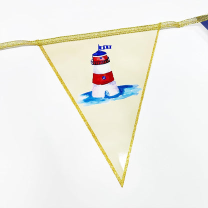 30Ft Navy Blue Gold and Beige Party Decorations Royal Blue Gold Triangle Flag Pennant Banner Bunting for Graduation Birthday Wedding Bridal Shower Nautical Ahoy Achor Theme Party Decorations Supplies