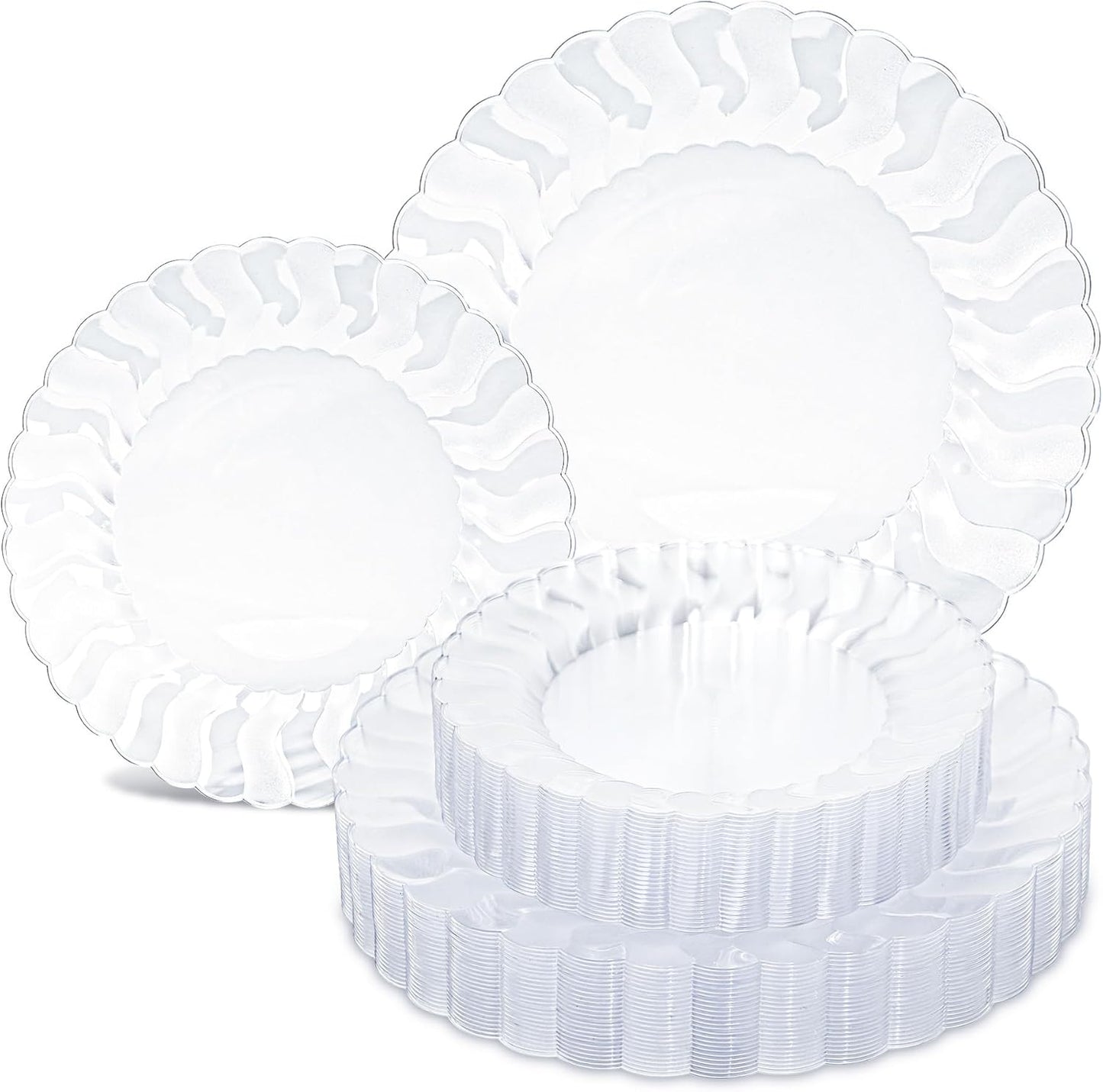 Lullaby 60PCS Ivory Scalloped Plastic Plates with Gold Rim, Disposable Elegant Plates Include 30pcs Dinner Plate 10.25", 30pcs Plastic Dessert Plate 7.5", Perfect for Wedding and Party