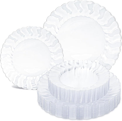 Lullaby 60PCS Ivory Scalloped Plastic Plates with Gold Rim, Disposable Elegant Plates Include 30pcs Dinner Plate 10.25", 30pcs Plastic Dessert Plate 7.5", Perfect for Wedding and Party