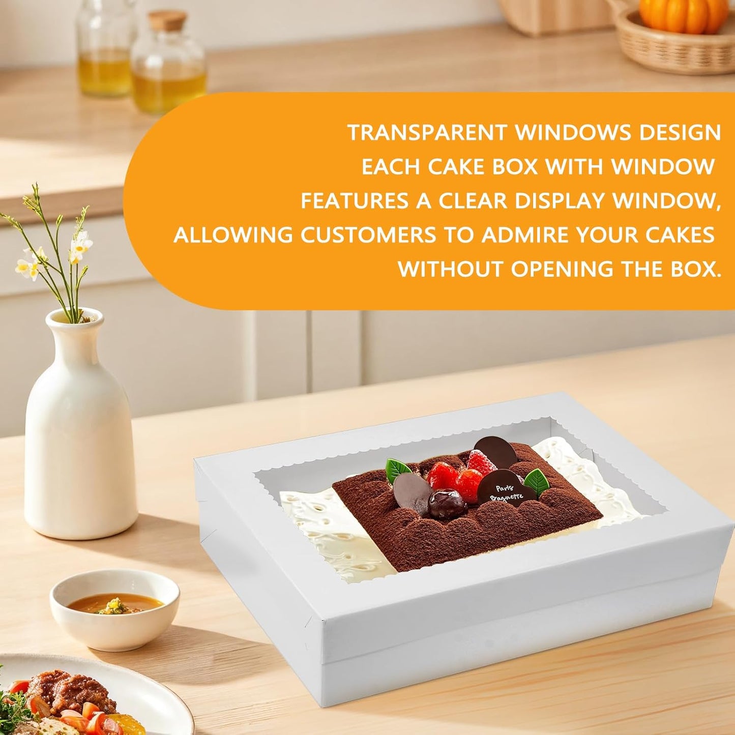 6pcs Cake Boxes with Cake Board, 19x14x4.5 Inches White Bakery Boxes with Large Window for Quarter Sheet Cakes, Donuts, Cupcakes, Pastry & Pies