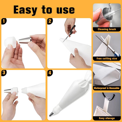 Piping Bags and Tips Set – 2 Reusable Piping Bags, 7 Piping Tips, Couplers & Cleaning Brush, Heavy-Duty Leak-Proof Cake Decorating Kit for Beginners & Professional Bakers (14pcs)