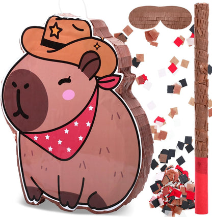 Western Capybara Piñata for Kids Birthday Party 15.7 x 10 x 2.8 Inches Cowboy Hat Animal Piñata with Bat Blindfold and Confetti for Christmas Baby Shower Photo Props Decoration