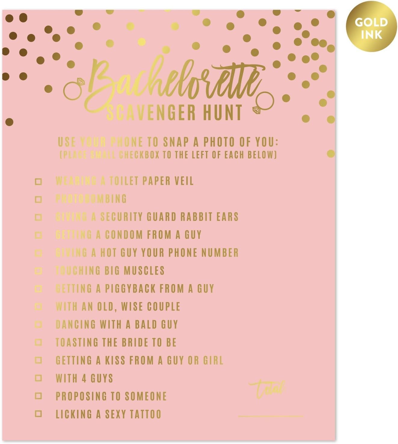 Andaz Press Blush Pink and Metallic Gold Confetti Polka Dots Bachelorette Party Bridal Shower Collection, Scavenger Hunt Game Cards, 20-Pack