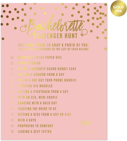 Andaz Press Blush Pink and Metallic Gold Confetti Polka Dots Bachelorette Party Bridal Shower Collection, Scavenger Hunt Game Cards, 20-Pack
