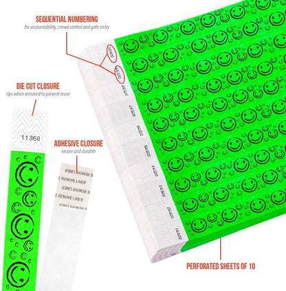 500 WristCo Yellow Smiley Face Tyvek Wristbands for Events - ¾” x 10” - Waterproof Recyclable Comfortable Tear Resistant Paper Bracelets Wrist Bands for Concerts Festivals Admission Party