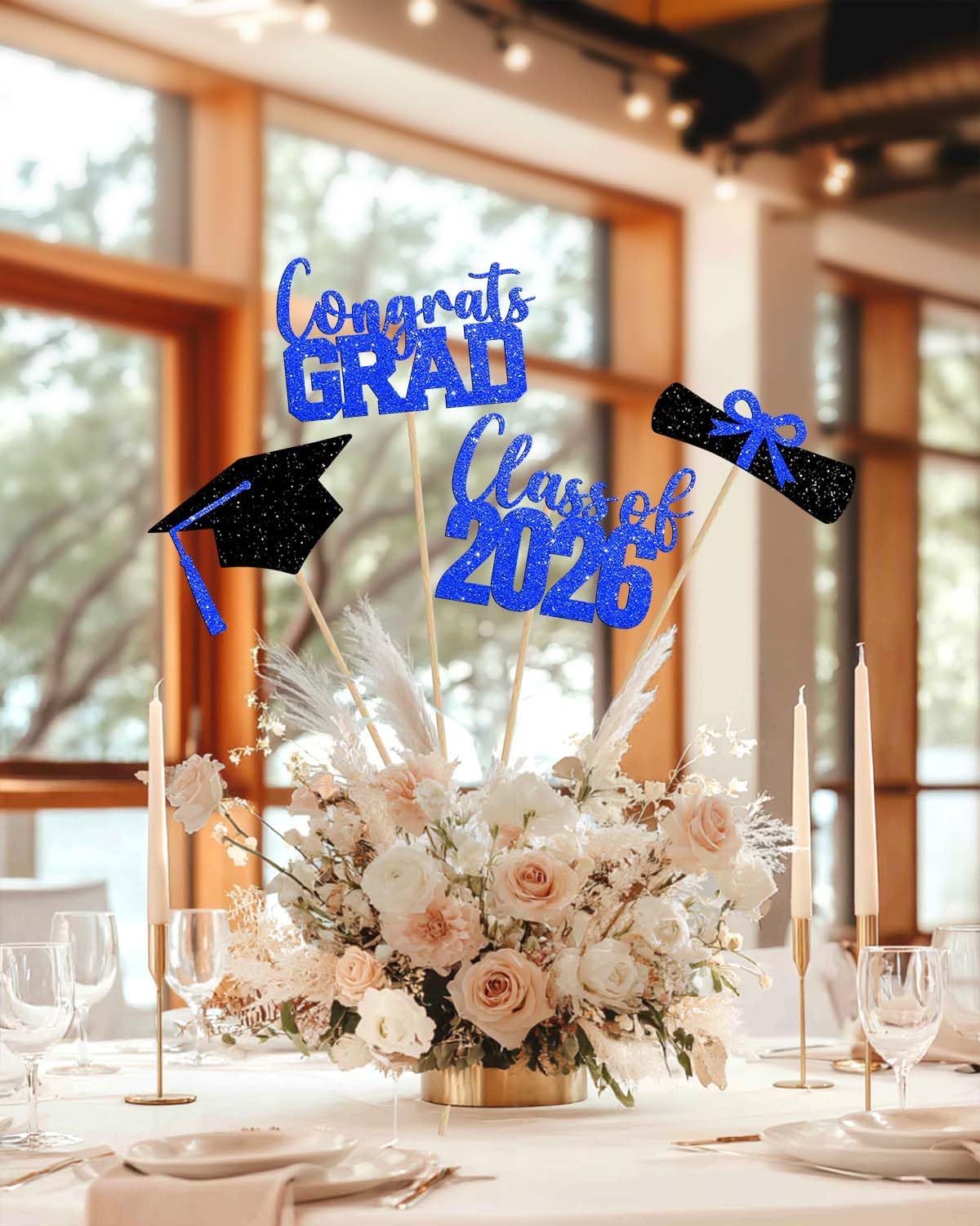Class of 2026 Centerpieces Sticks for Graduation, 16 Pcs Graduation Decorations Cake Toppers, Graduation Theme Party Decorations Supply(BG)