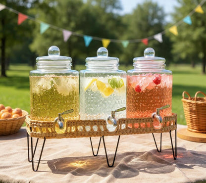 1.5 Gallon Glass Drink Dispenser for Parties 3 PACK Beverage Dispensers with Stand, Glass Water Jug Dispenser, with 18/8 Stainless Steel Spigot, Great for Party, Wedding, Picnic, BBQ Wicker Design