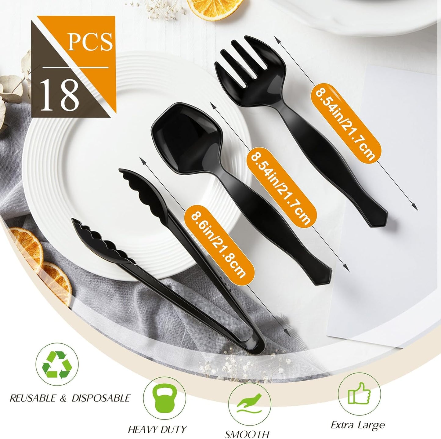 Mwellewm 18Pcs Serving Utensils, 10'' Plastic Serving Utensils Set, Disposable Serving Spoons for Buffet, Large Serving Tongs for Food, Heavy Duty Party Supplies for Salad Soup Cooking Catering(Black)