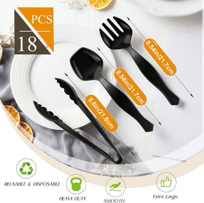 Mwellewm 18Pcs Serving Utensils, 10'' Plastic Serving Utensils Set, Disposable Serving Spoons for Buffet, Large Serving Tongs for Food, Heavy Duty Party Supplies for Salad Soup Cooking Catering(Black)