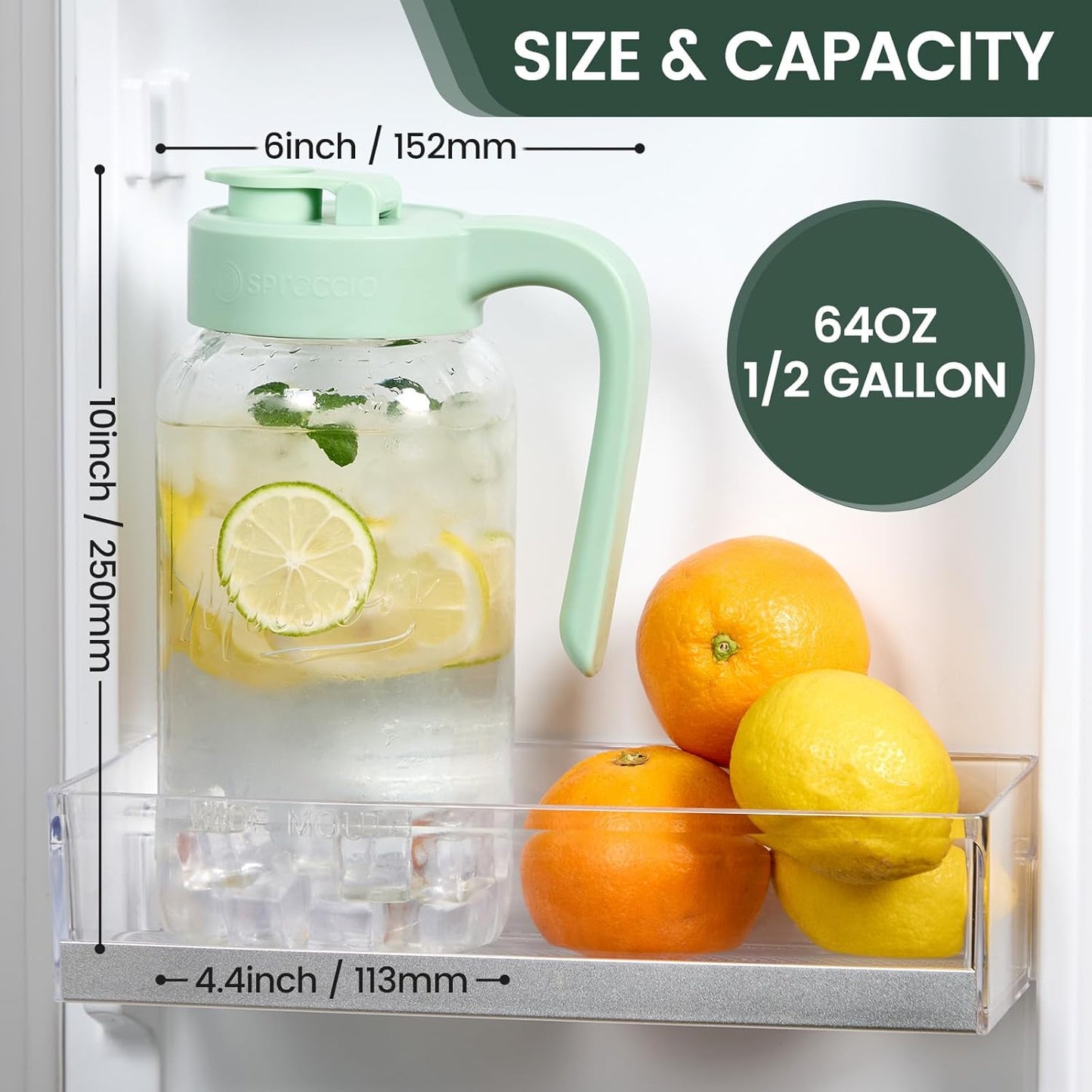 Mason Jar Pitcher - Airtight & Leakproof Glass Pitcher with Lid, Perfect for Breastmilk, Cold Brew, and Sun Tea, 2 Quart (64 oz) 1/2 Gallon Mason Jar with Pour Spout Lid