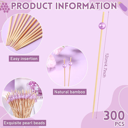 Reallnaive 600 Pcs Cocktail Pick Pearl Fancy Toothpick for Appetizer 4.7 Inch Long Skewer for Drink Fruit Food Bamboo Stick Wedding Bridal Shower Decoration Charcuterie Accessories (White)