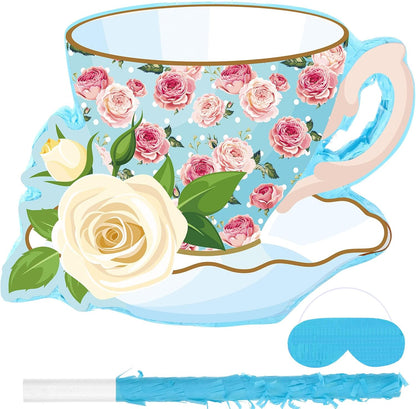 Aoriher 4 Pieces Tea Party Piñatas Tea Flower Themed Decorations Teapot Small Piñata Bundle with Blindfold and Stick Teacup Party Supplies Favors for Birthday(Pink,Teapot)