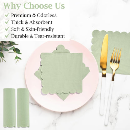 100 Pcs Cocktail Napkins, 2-Ply 5 x 5 Inches Disposable Scalloped Napkins, Thick Premium Dessert Napkins for Party, Wedding, Dinner, Birthday, Anniversary, Festival (Sage Green)