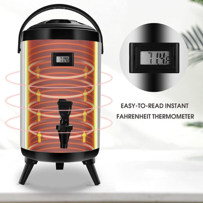 Hot Beverage Dispenser, Stainless Steel Insulated Beverage Dispenser Cold and Hot Drink dispenser with Thermometer– 12 Liters Water Dispenser with Spigot