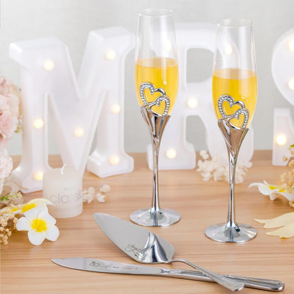Wedding Cake Knife and Server Set with Forks, Classical Style Champagne Flutes Toasting Glasses for Bride and Groom, Wedding Gifts for Couples, Bridal Shower Gifts