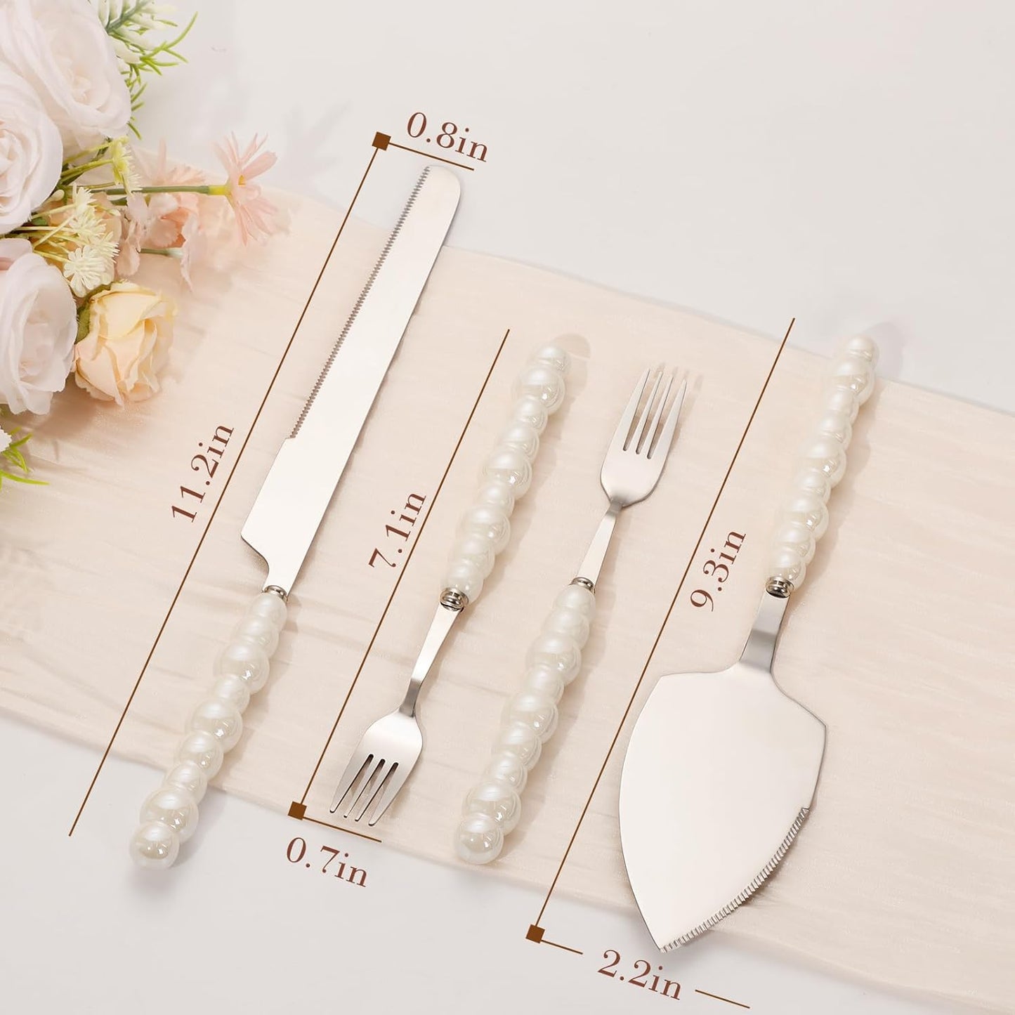 Pearl Wedding Cake Knife and Server Set with Forks, Cake Cutting Set with Stainless Steel Serrated Edges, Silver Pie Cutter Pizza Spatula, Gift for Bridal Couples Engagement (Mr & Mrs)