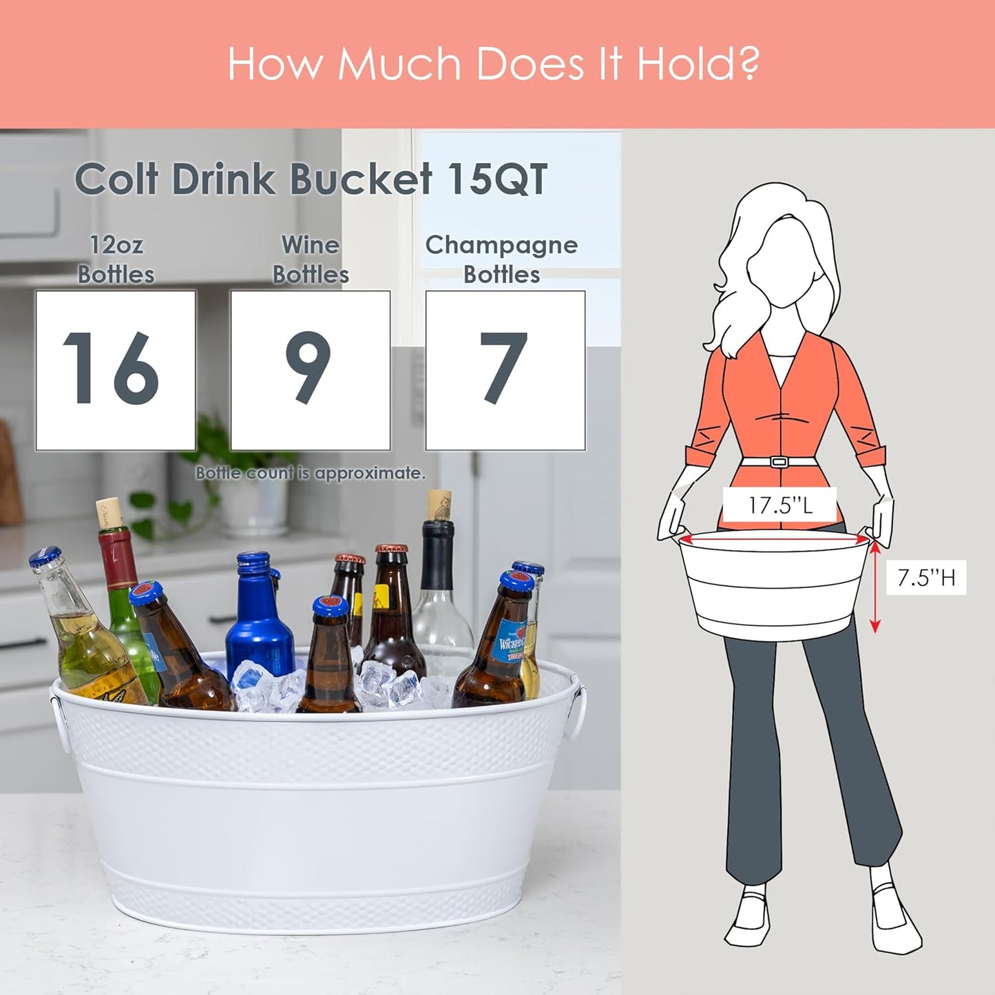 BREKX Galvanized Beverage Tub for Parties, Oval Drink Bucket with Handles, Colt Copper Finish Wine Cooler Bucket for Home Bar (15-Quarts, 16-Bottles), Long-Lasting for Years of Celebrations