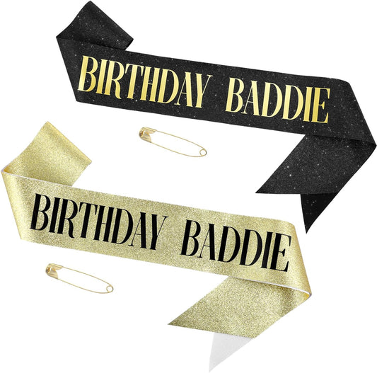 2Pcs Birthday Baddie Sash, Glitter with Gold Foil Sash, Black Soft Glitter Birthday Sashes Funny Sparkly Satin Party Accessories for Women Men